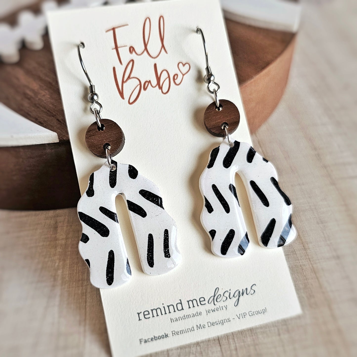 Walnut, Black and White Dangle Clay Earrings