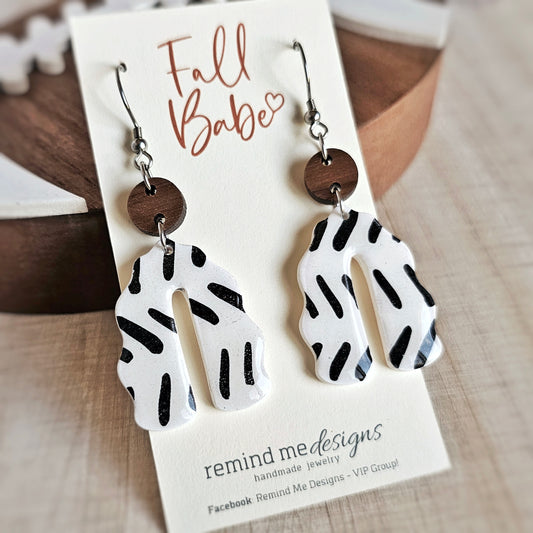 Walnut, Black and White Dangle Clay Earrings
