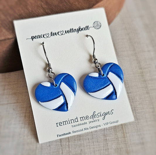 Royal Blue and White Heart Volleyball Clay Dangles