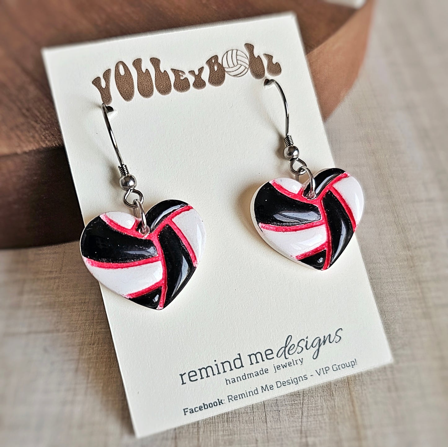 Black, Red and White Heart Volleyball Clay Dangles