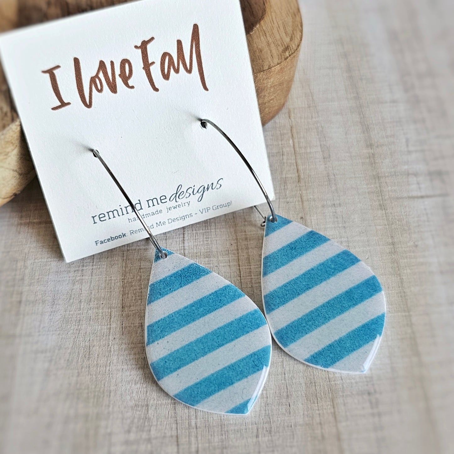 Striped Blue Clay Dangle Hoops Earrings