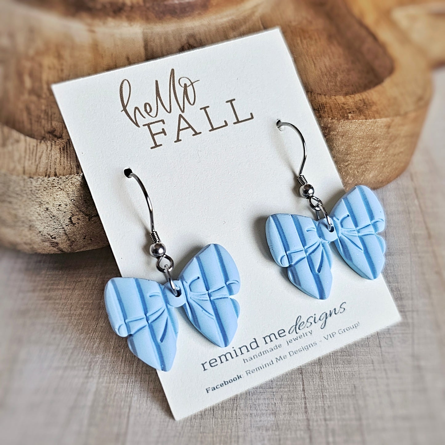 Light Blue Clay Bow Dangle Earrings