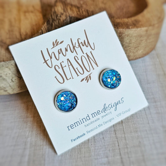 Iridescent Royal Blue Druzy Stud Earrings