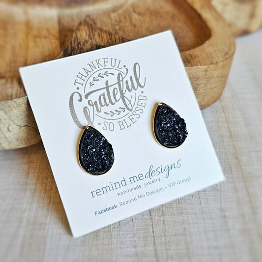 Black Druzy Stud Earrings