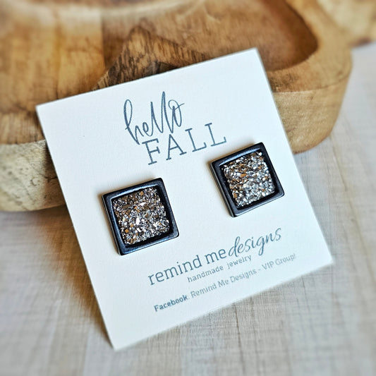 Square Gunmetal Druzy Stud Earrings