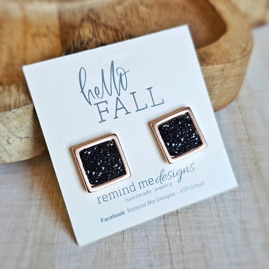 Square Black and Rose Gold Druzy Stud Earrings