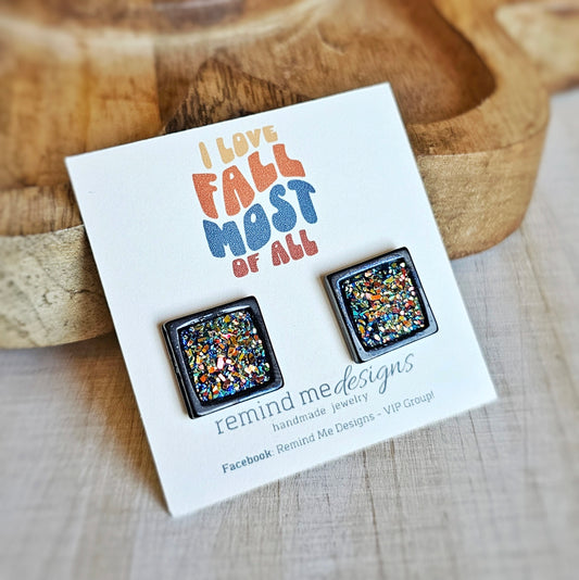 Square Blue Gold Druzy Stud Earrings