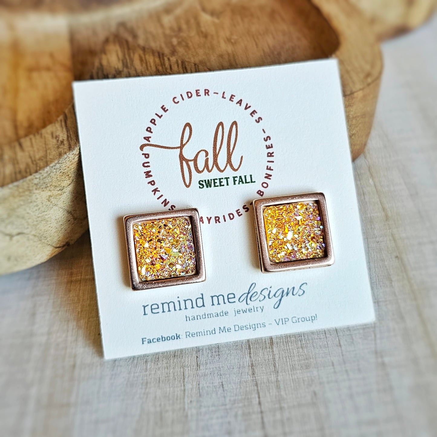 Square Iridescent Orange and Rose Gold Druzy Stud Earrings