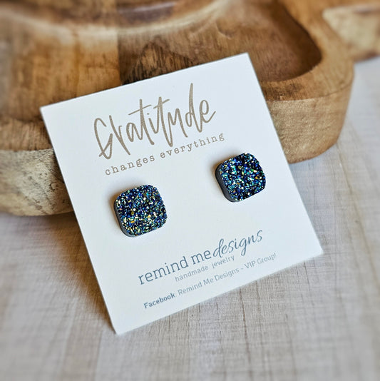 Square Metallic Blue Druzy Square Stud Earrings
