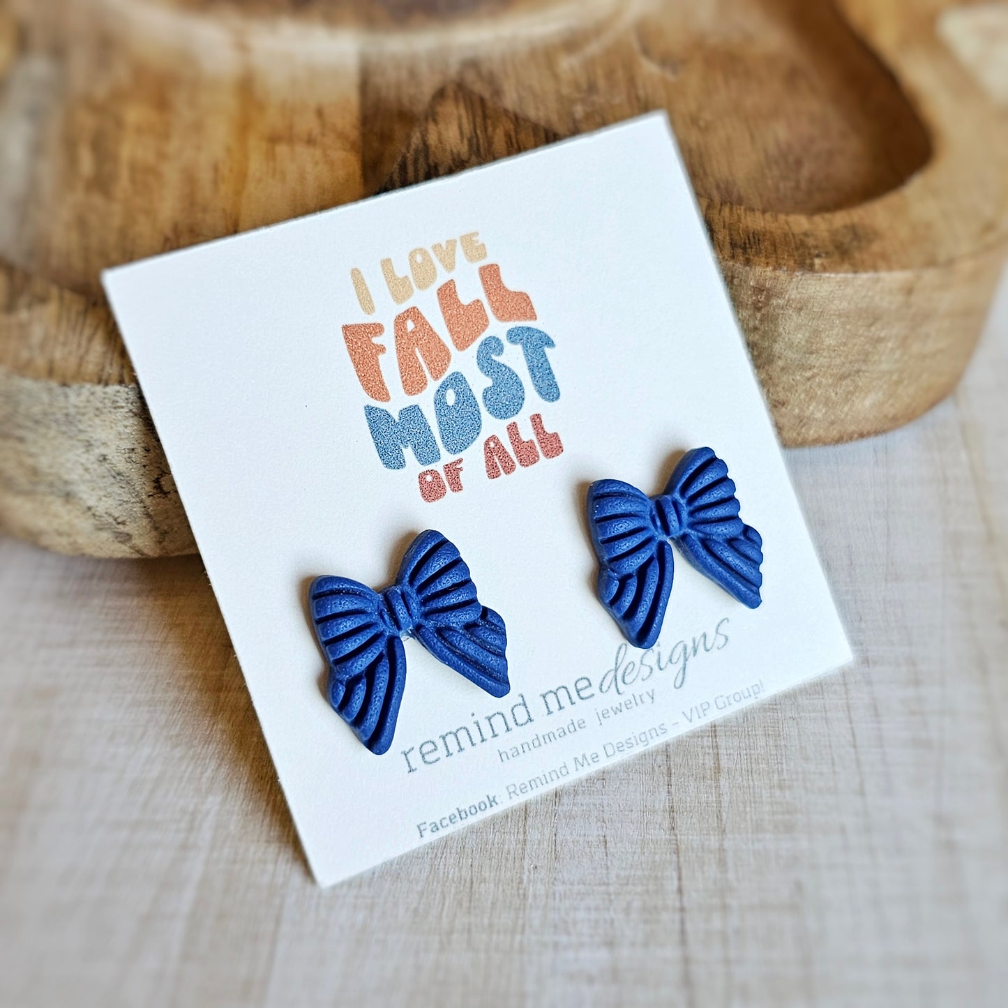 Navy Blue Bow Clay Studs