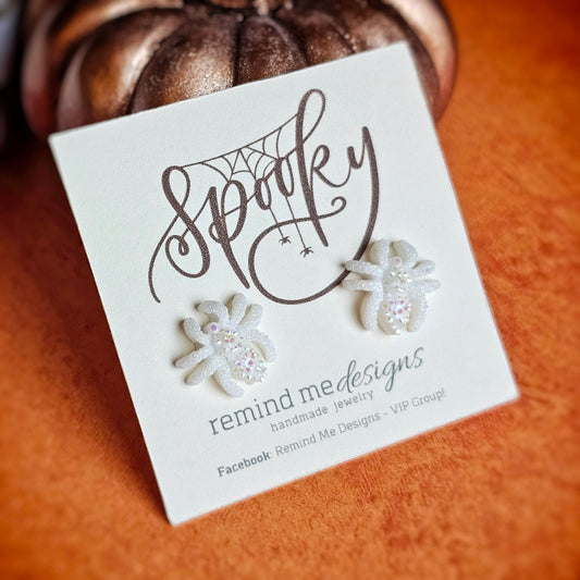 White Iridescent Spider Stud Earrings