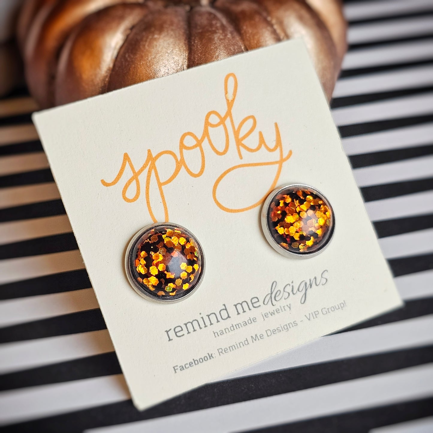 Black and Orange Glitter Stud Earrings