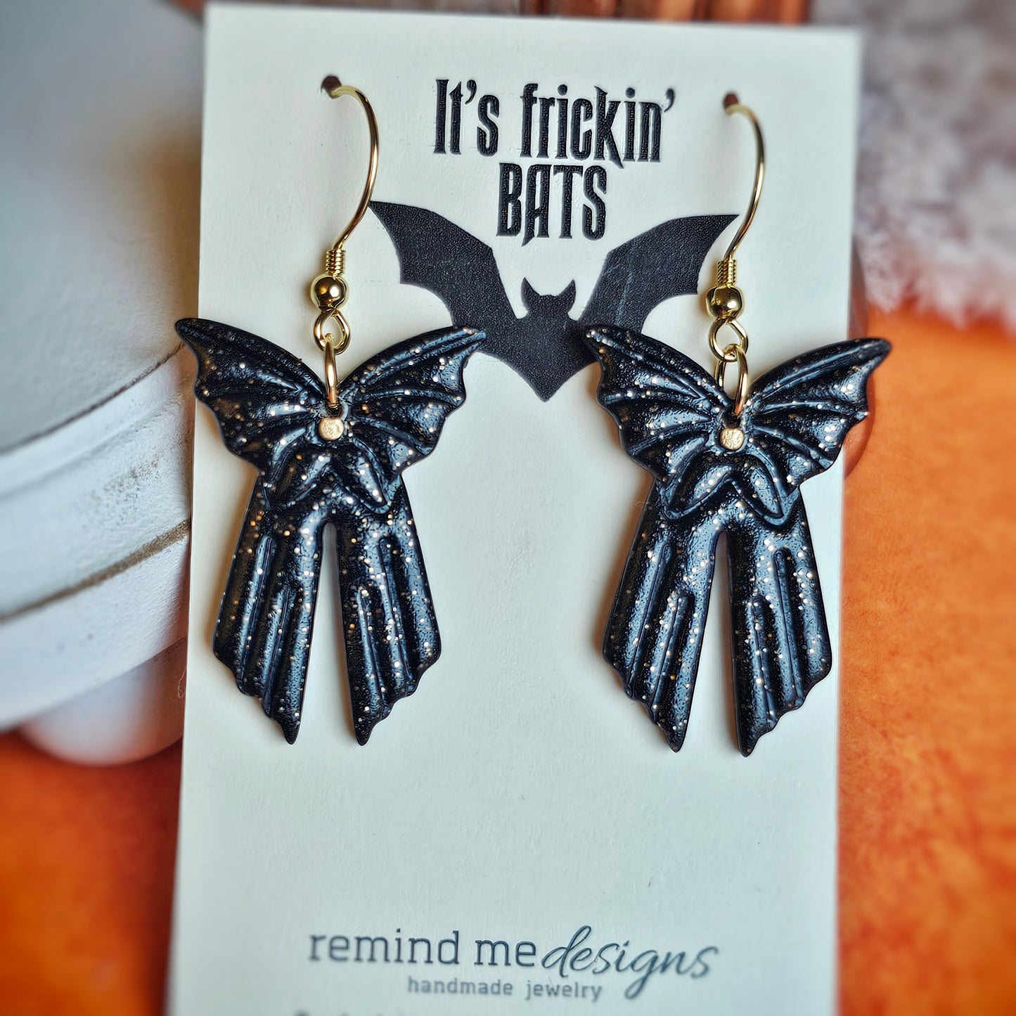 Black Glitter Bat Bow Dangle Earrings