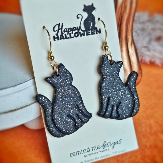 Black Glitter Cat Dangle Earrings