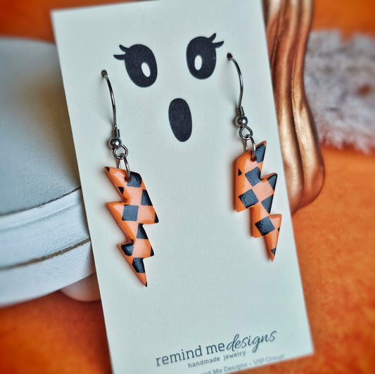 Orange Black Checkered Lightning Bolt Dangles