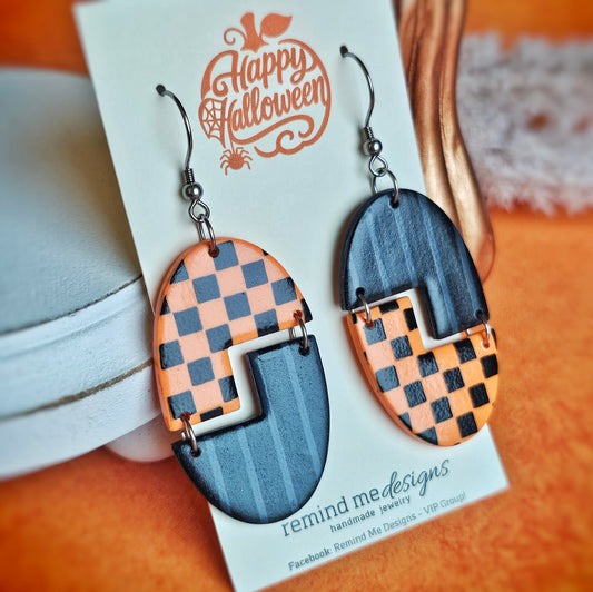 Orange and Black Checkered Dangle Earrings