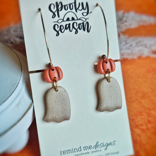 Pumpkin and Ghost Clay Dangle Hoops Earrings