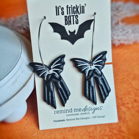 Black Bat Bow Dangle Hoop Earrings