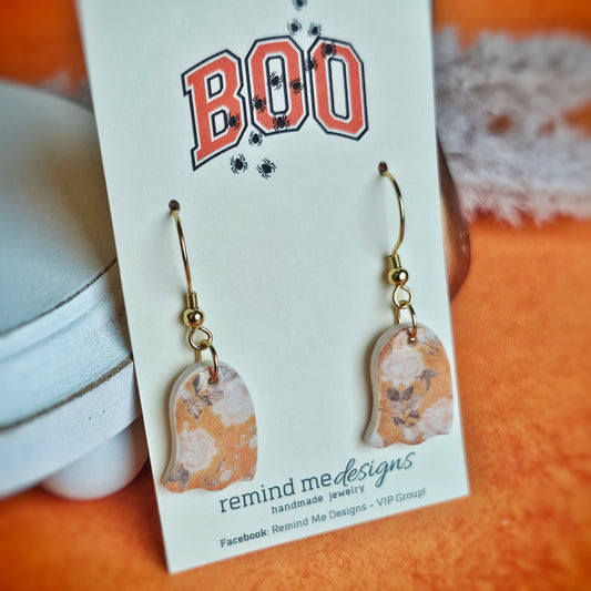 Little Mustard and Pearl Floral Ghost Clay Dangle Earrings