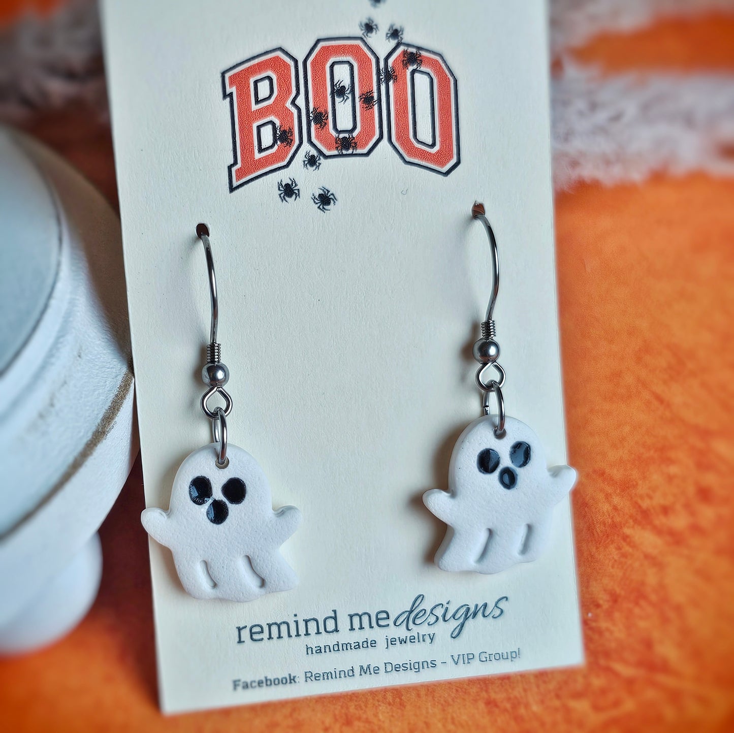 Little Mirrored White Ghost Clay Dangle Earrings