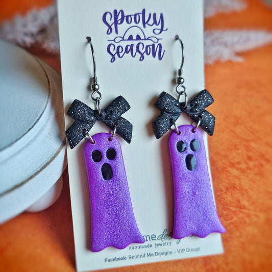 Long Purple Ghost with Bow Clay Dangle Earrings
