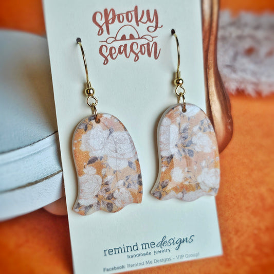 Mustard and Pearl Floral Ghost Clay Dangle Earrings