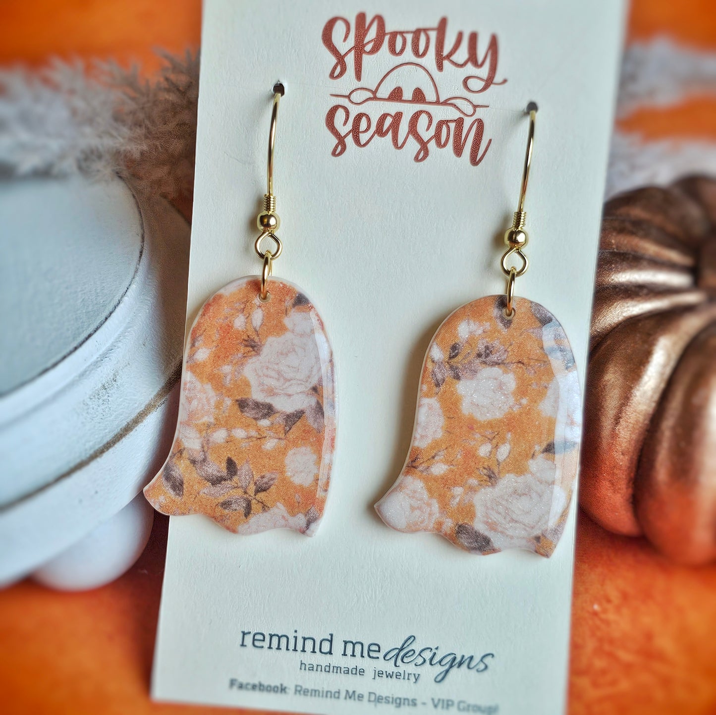 Mustard and Pearl Floral Ghost Clay Dangle Earrings