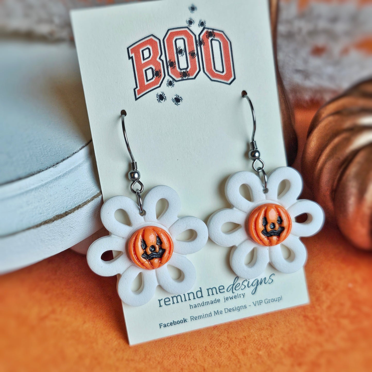 White Flower with Pumpkin Face Clay Dangle Earrings