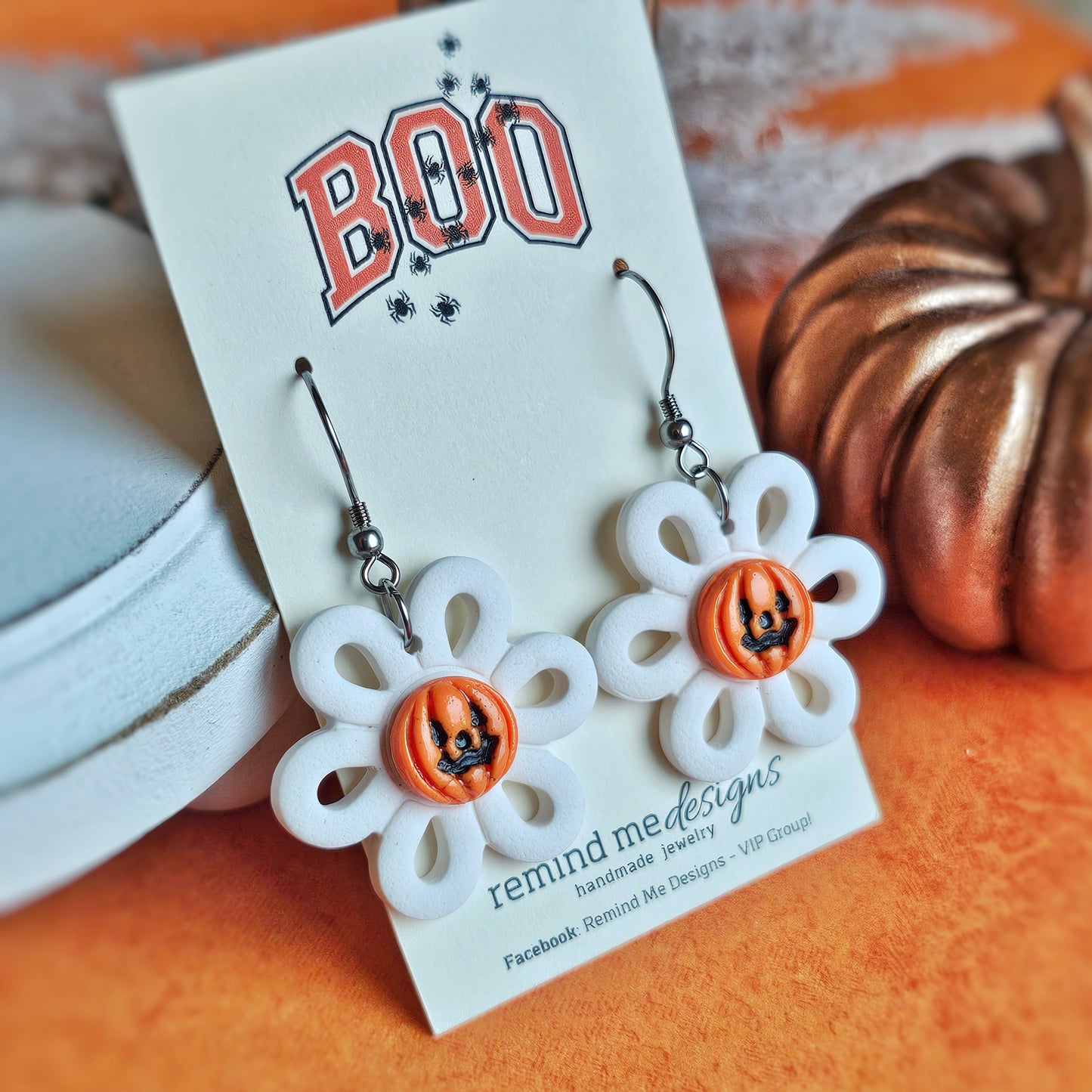 White Flower with Pumpkin Face Clay Dangle Earrings