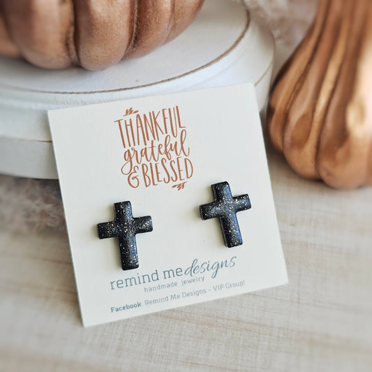 Black Glitter Cross Stud Earrings