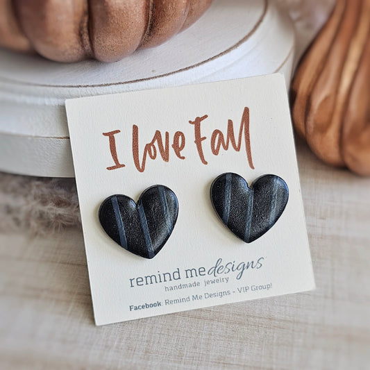 Black and Gray Striped Heart Stud Earrings
