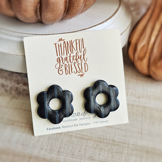 Black and Gray Striped Flower Stud Earrings