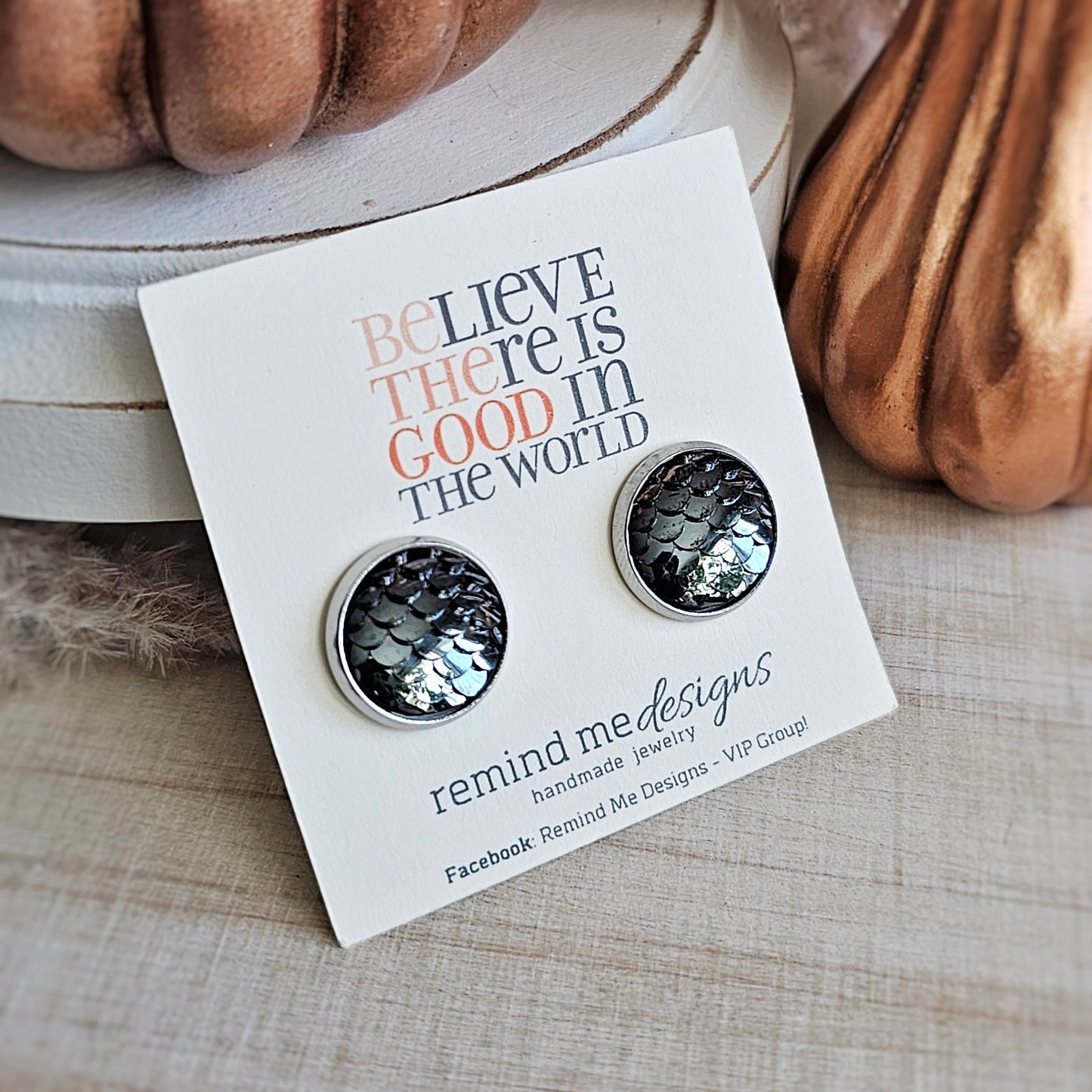 Gunmetal Silver Mermaid Scale Stud Earrings