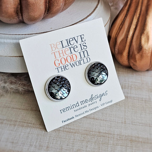 Gunmetal Silver Mermaid Scale Stud Earrings
