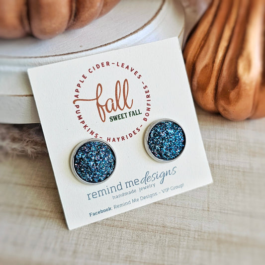 Turquoise and Pink Glitter Stud Earrings