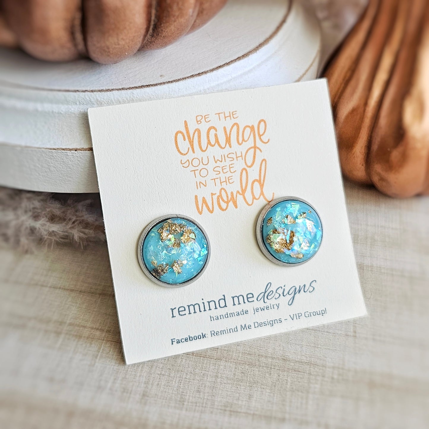 Turquoise and Gold Leaf Stud Earrings