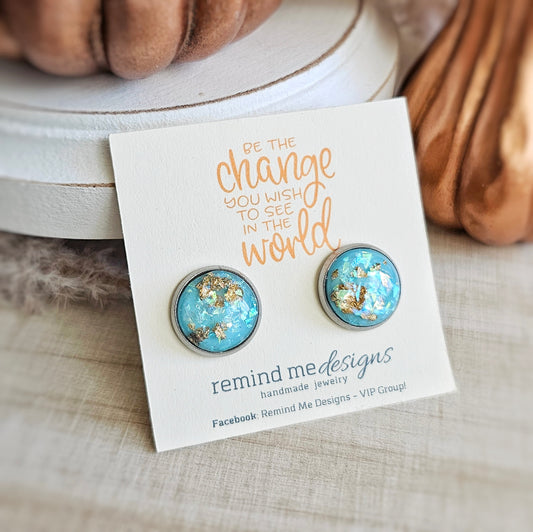 Turquoise and Gold Leaf Stud Earrings