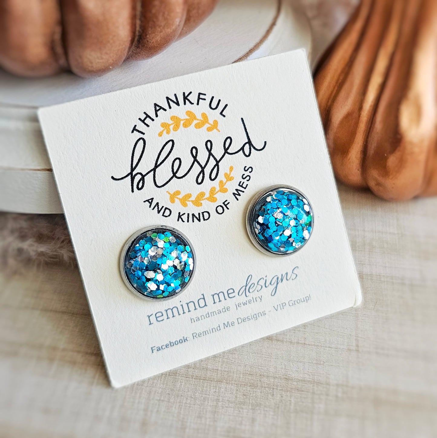 Turquoise and Silver Glitter Stud Earrings