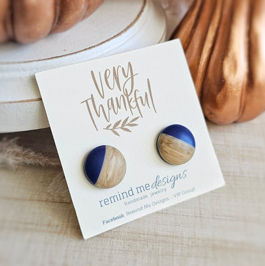 Navy Blue and Wood Resin Stud Earrings