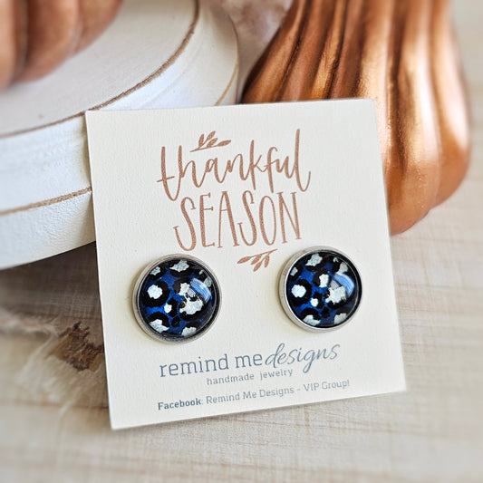 Navy Blue Leopard Stud Earrings