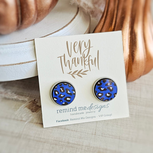 Wooden Blue Leopard Stud Earrings
