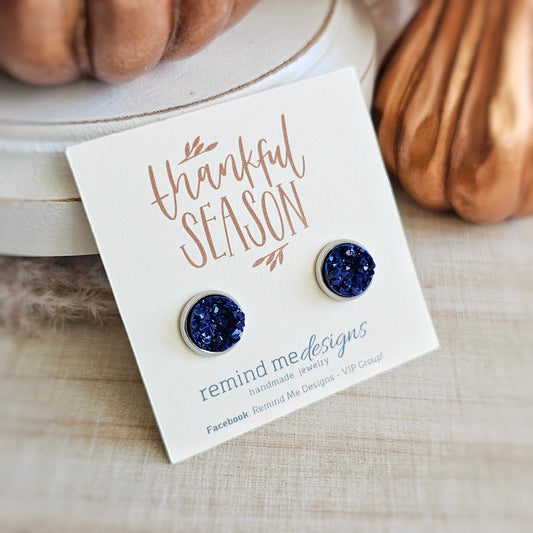Navy Blue Druzy Stud Earrings