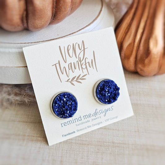 Navy Blue Druzy Stud Earrings
