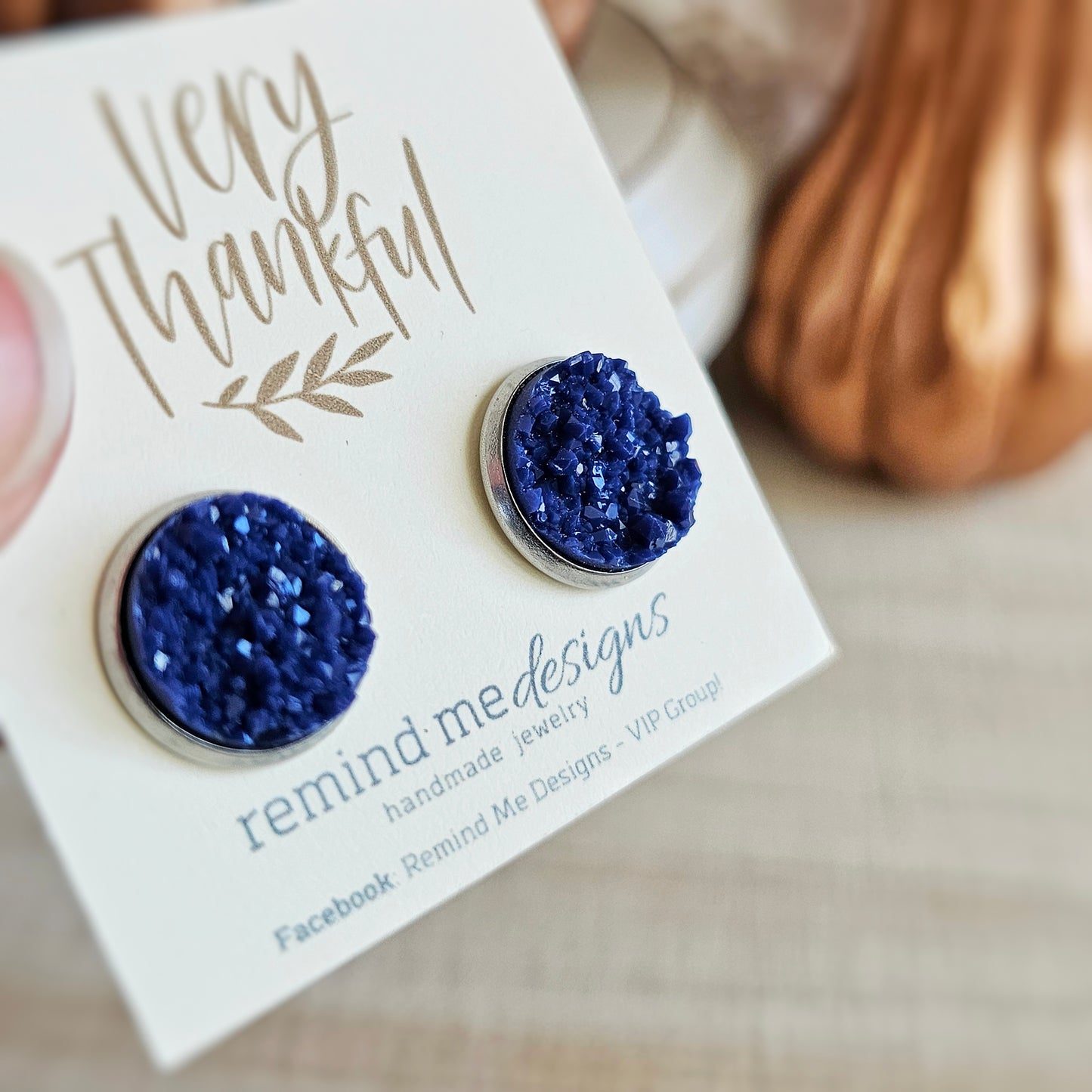 Navy Blue Druzy Stud Earrings