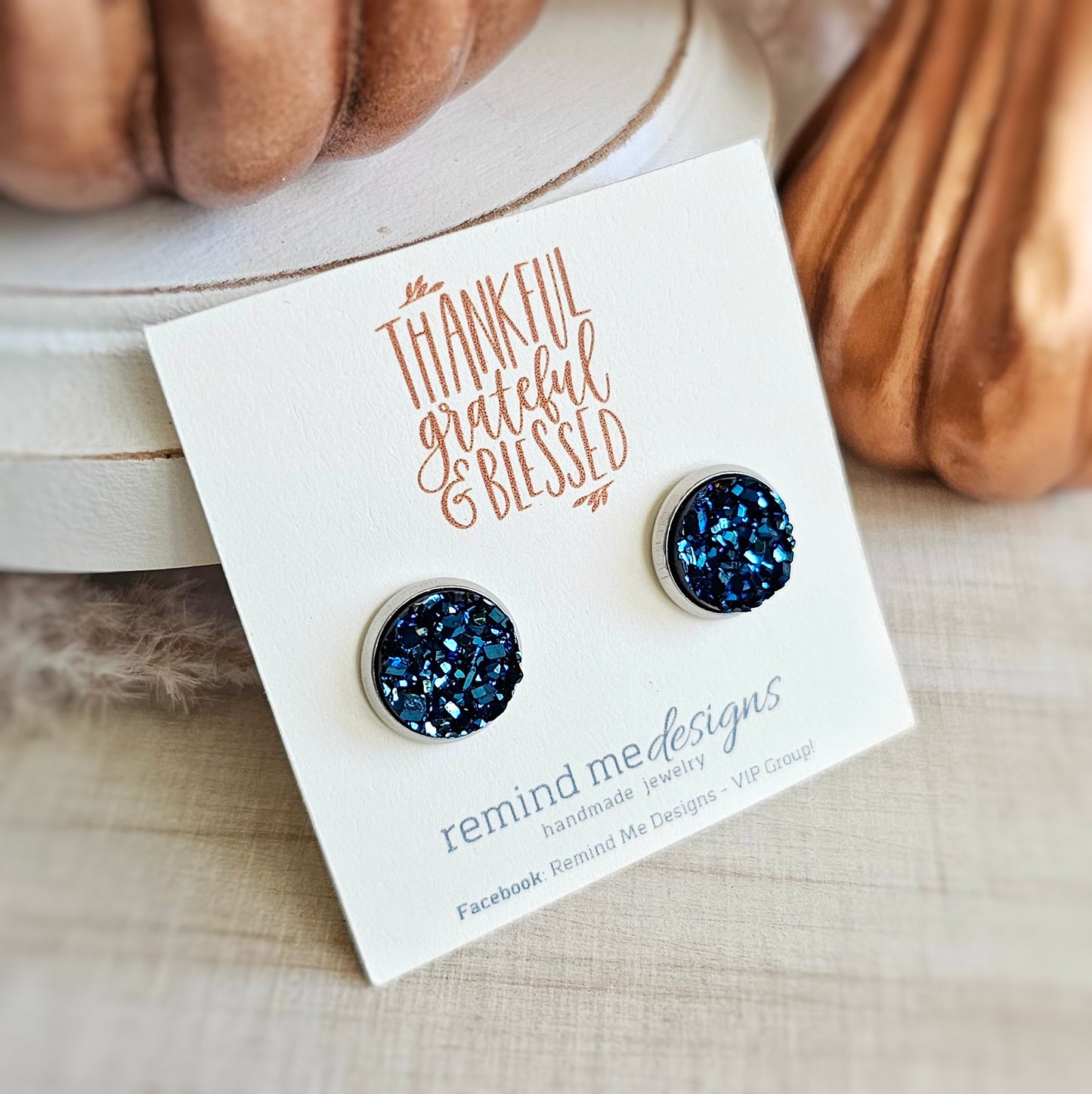 Metallic Navy Blue Druzy Stud Earrings