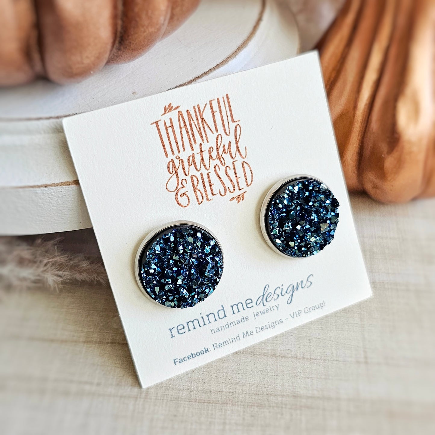 Metallic Navy Blue Druzy Stud Earrings