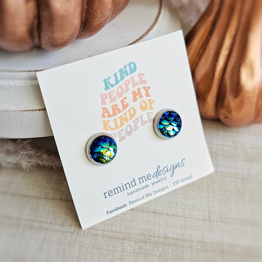 Metallic Blue and Green Mermaid Scale Stud Earrings