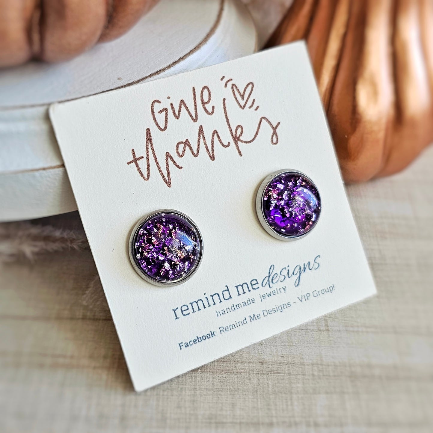 Purple and Gold Flake Resin Stud Earrings