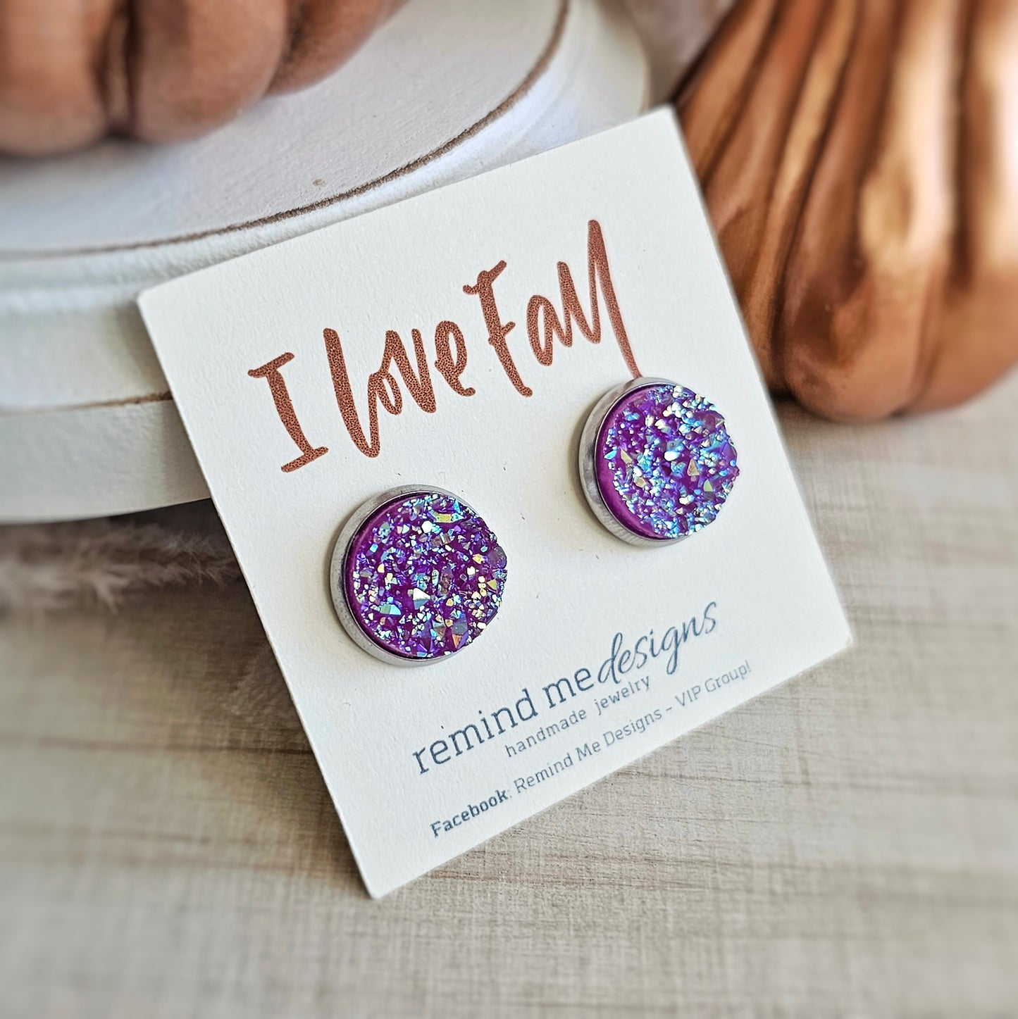 Iridescent Purple Druzy Stud Earrings