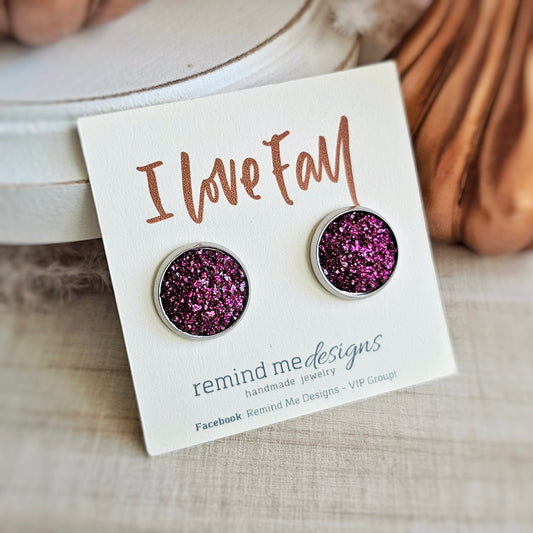 Plum Purple Glitter Druzy Stud Earrings